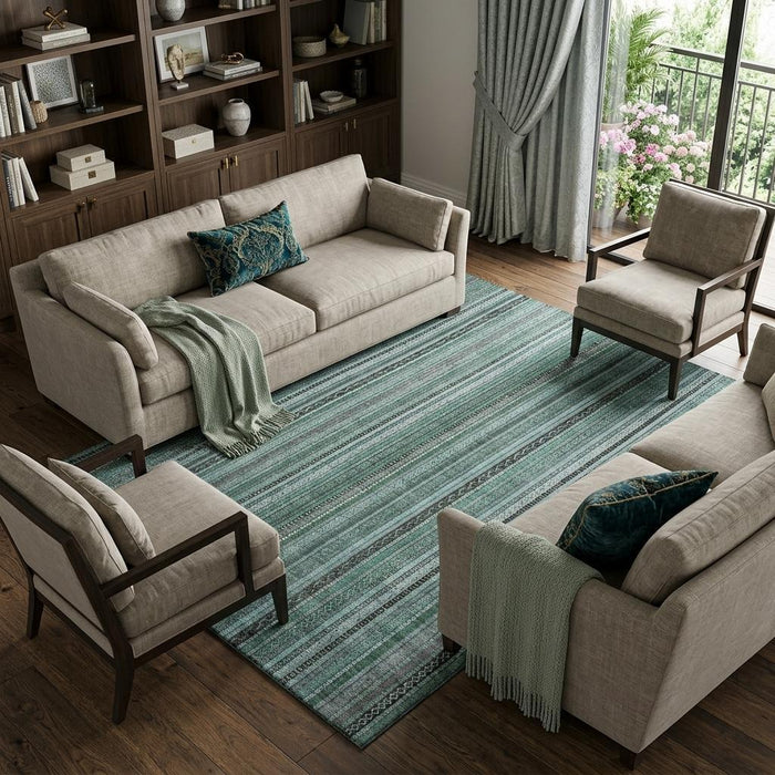 10' X 14' Striped Washable Area Rug With UV Protection (696230) - Teal / Charcoal / Gray