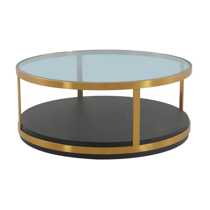 Glass Wood And Metal Round Coffee Table With Shelf - Clear Black And Gold