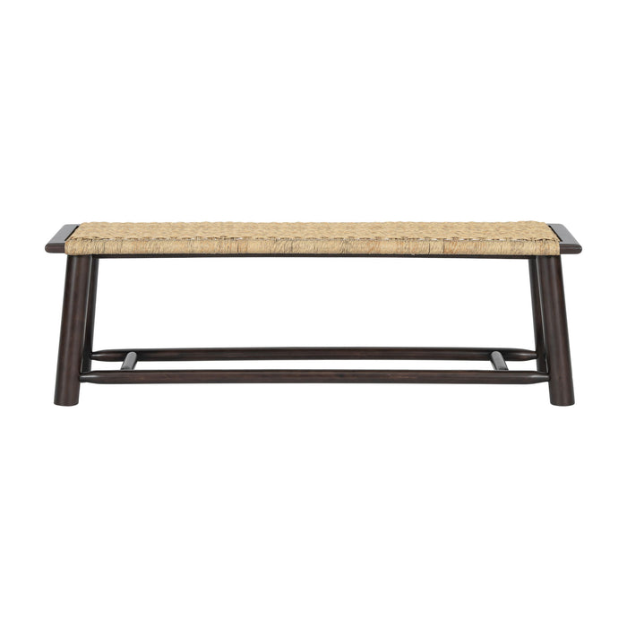 Giga farmhouse modern solid wood and rattan bench, 59-inch multi-functional indoor and outdoor bench in walnut finish.