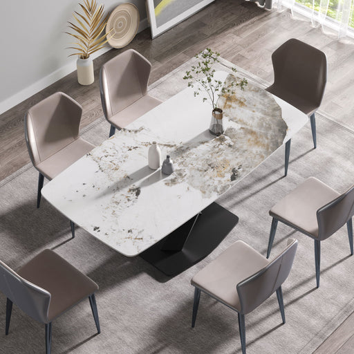 Modern Giga artificial stone Pandora white curved metal leg dining table with space for 6-8 people, antique white finish.