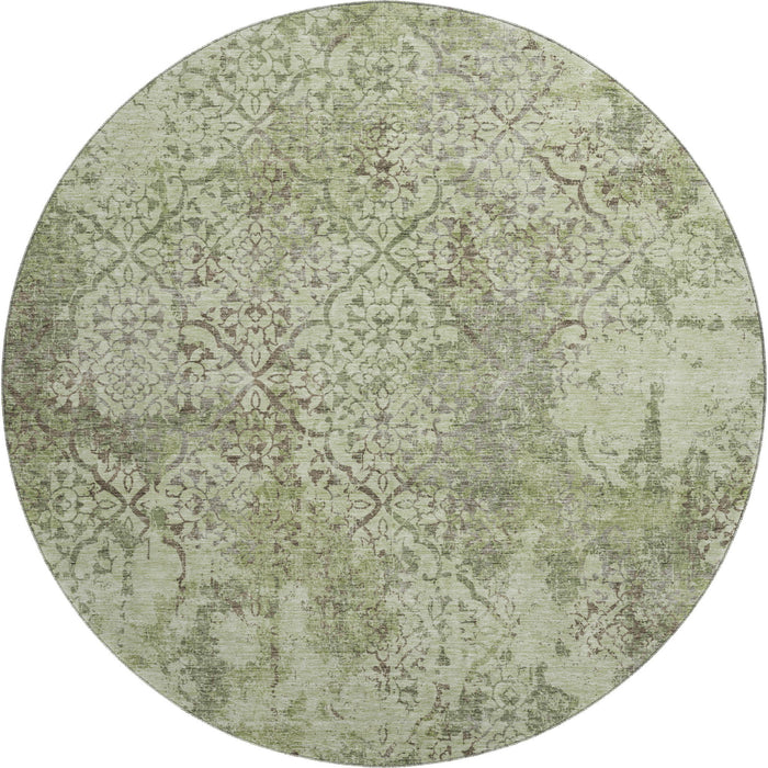 8' Abstract Washable Round Rug With UV Protection - Artichoke Green And Taupe