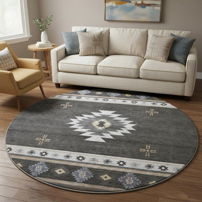 8' Geometric Washable Round Rug With UV Protection (645687) - Midnight / Ivory / Beige