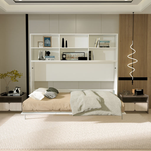 Modern Giga twin size horizontal Murphy bed with shelf storage, white wall bed with hidden design and gas struts for space-saving.