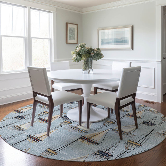 8' Nautical Washable Round Rug With UV Protection - Sky Blue