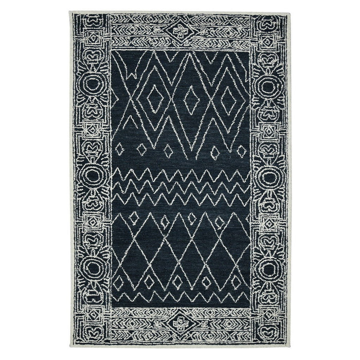 8' X 10' Wool Southwestern Hand Hooked Area Rug - Charcoal And Ivory