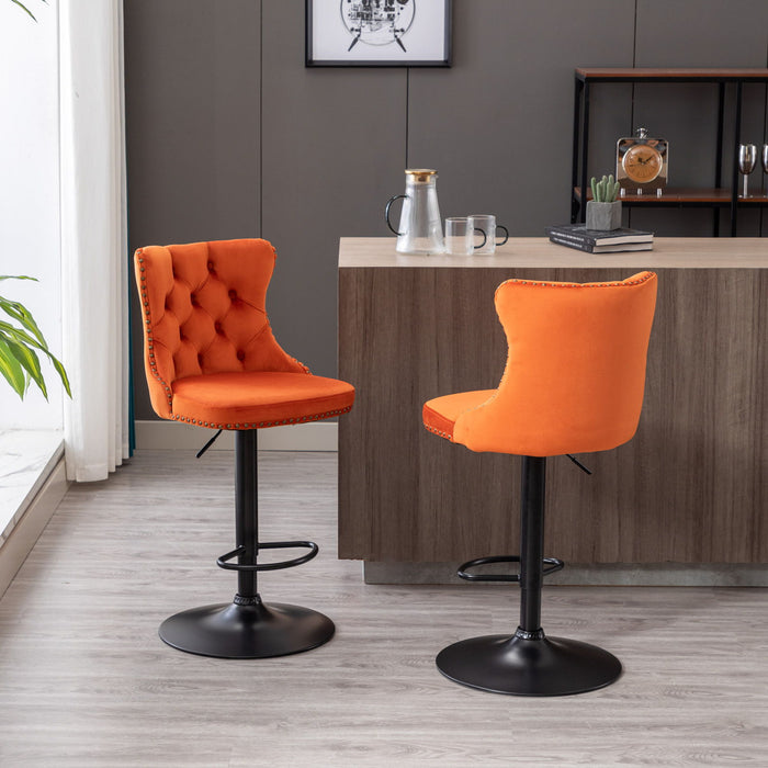 Set of two Giga modern upholstered swivel barstools with adjustable height, tufted backs, ideal for kitchen islands and home pubs.