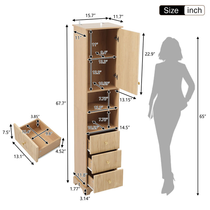 Giga tall linen cabinet with wood finish, featuring one door, three drawers, and open storage space for bathroom organization.