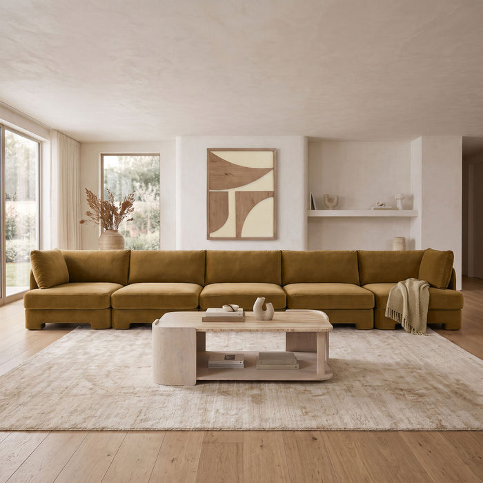 Meridian Furniture Hammond velvet performance fabric 5-piece sectional sofa with upholstered cushions and modern design.