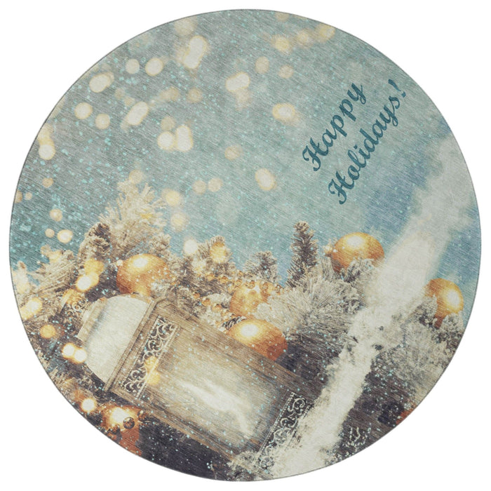 8' Christmas Distressed Washable Round Rug With UV Protection (646418) - Blue / Gold / Ivory