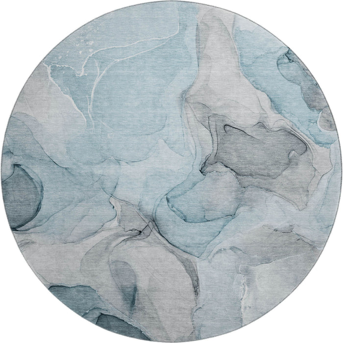 8' Abstract Washable Round Rug With UV Protection (646743) - Teal / Gray