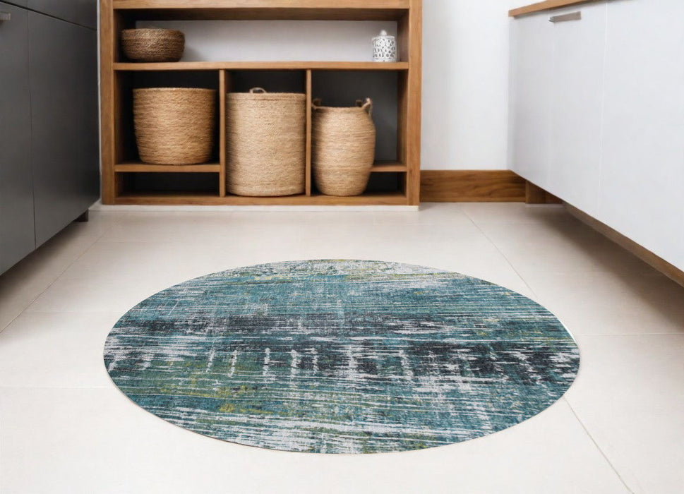 5' Round Abstract Non Skid Area Rug - Blue And Green