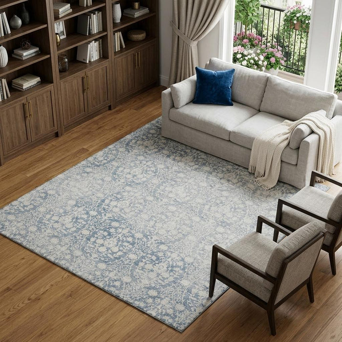 10' X 14' Damask Washable Area Rug With UV Protection (692088) - Denim Blue / Ivory