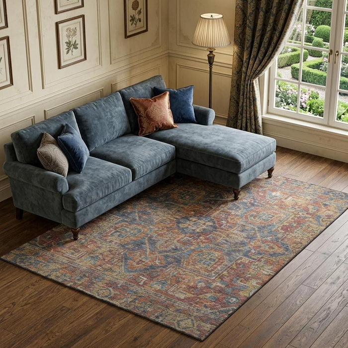 8' X 10' Medallion Distressed Washable Area Rug With UV Protection (649760) - Red / Blue
