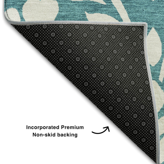 10' X 14' Floral Washable Area Rug With UV Protection (669666) - Teal / Ivory