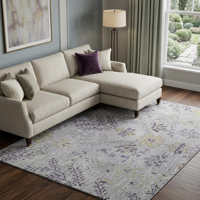 10' X 14' Floral Washable Area Rug With UV Protection (687065) - Lavender / Gray / Gold