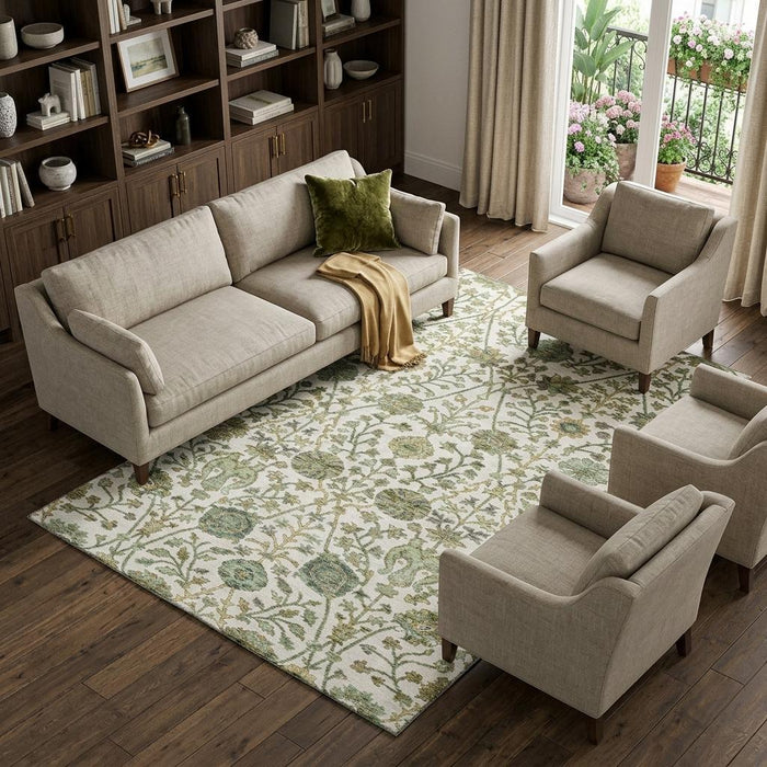 10' X 14' Floral Washable Area Rug With UV Protection (684028) - Ivory / Fern Green / Beige