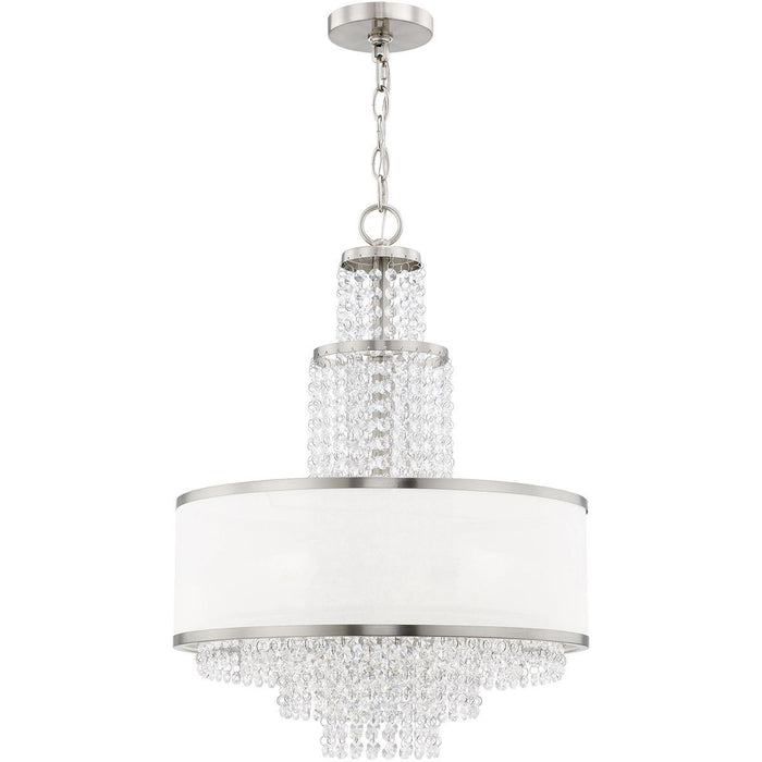 HomeRoots five-light metal chandelier with shades in nickel, clear, and off-white finishes, featuring a modern and elegant design.
