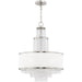 HomeRoots five-light metal chandelier with shades in nickel, clear, and off-white finishes, featuring a modern and elegant design.