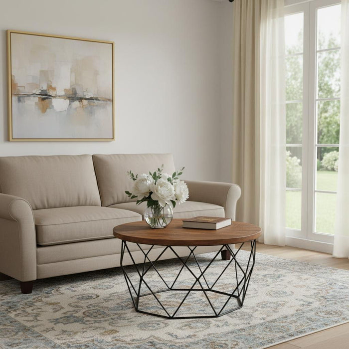 Solid Wood And Iron Round Frame Coffee Table - Brown