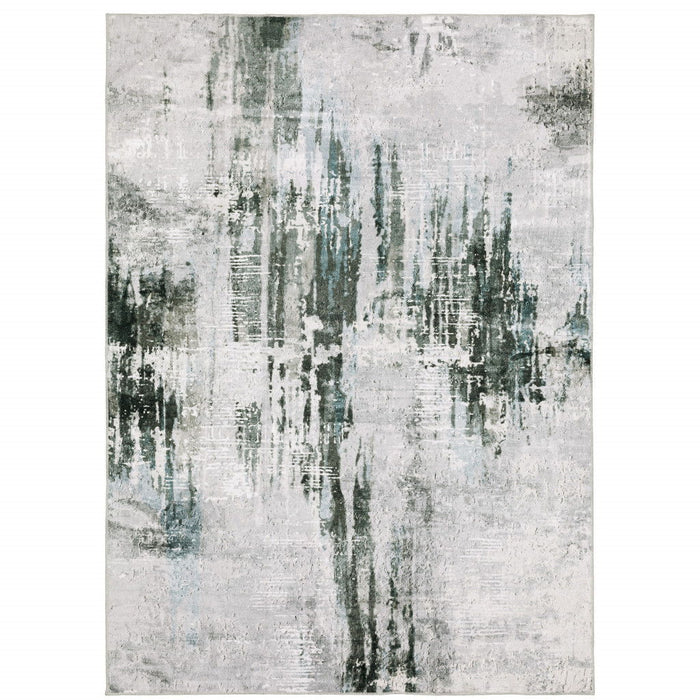 8' x 10' Abstract Printed Stain Resistant Non Skid Area Rug - Silver Gray Teal Blue And Charcoal