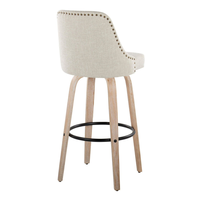 Marcel - 30" Fixed-Height Barstool With Swivel And Round Black Metal Footrest (Set of 2) - Whitewashed Wood And Cream Fabric With Brass Nailhead Trim