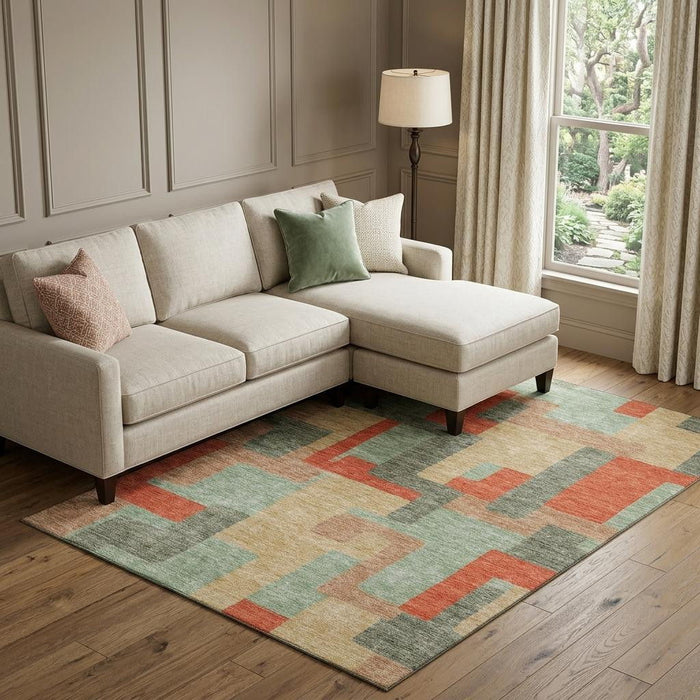 10' X 14' Geometric Washable Area Rug With UV Protection (675732) - Sage / Orange / Beige