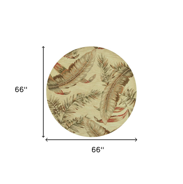 5' Wool Tropical Botanical Hand Tufted Round Rug - Light Brown And Brown