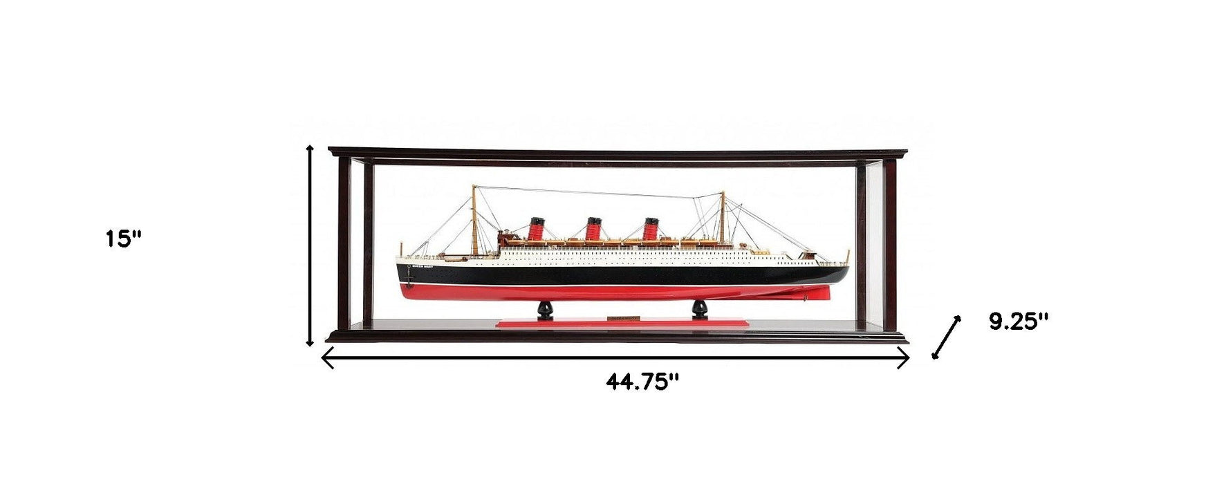 Hand Painted RMS Queen Mary Large Display Case Model Boat - Black / Red