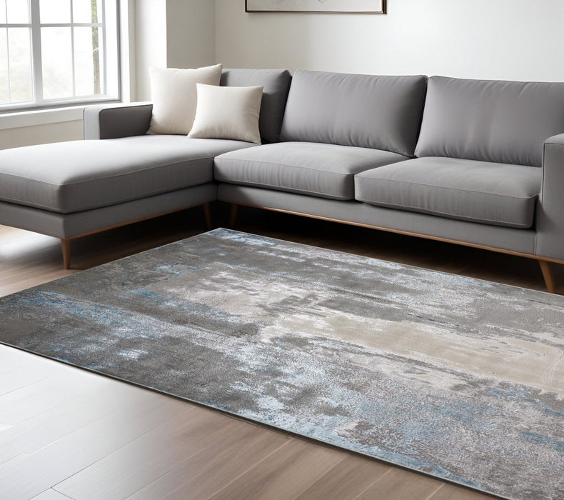 7' x 10' Abstract Stain Resistant Area Rug - Gray Ivory And Blue