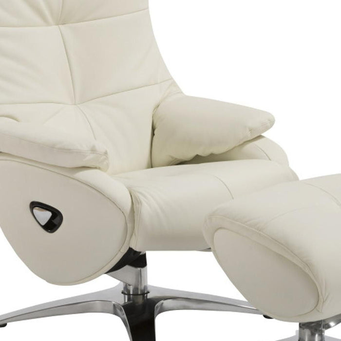 White tufted genuine leather HomeRoots swivel recliner with matching ottoman, featuring a manual reclining mechanism.