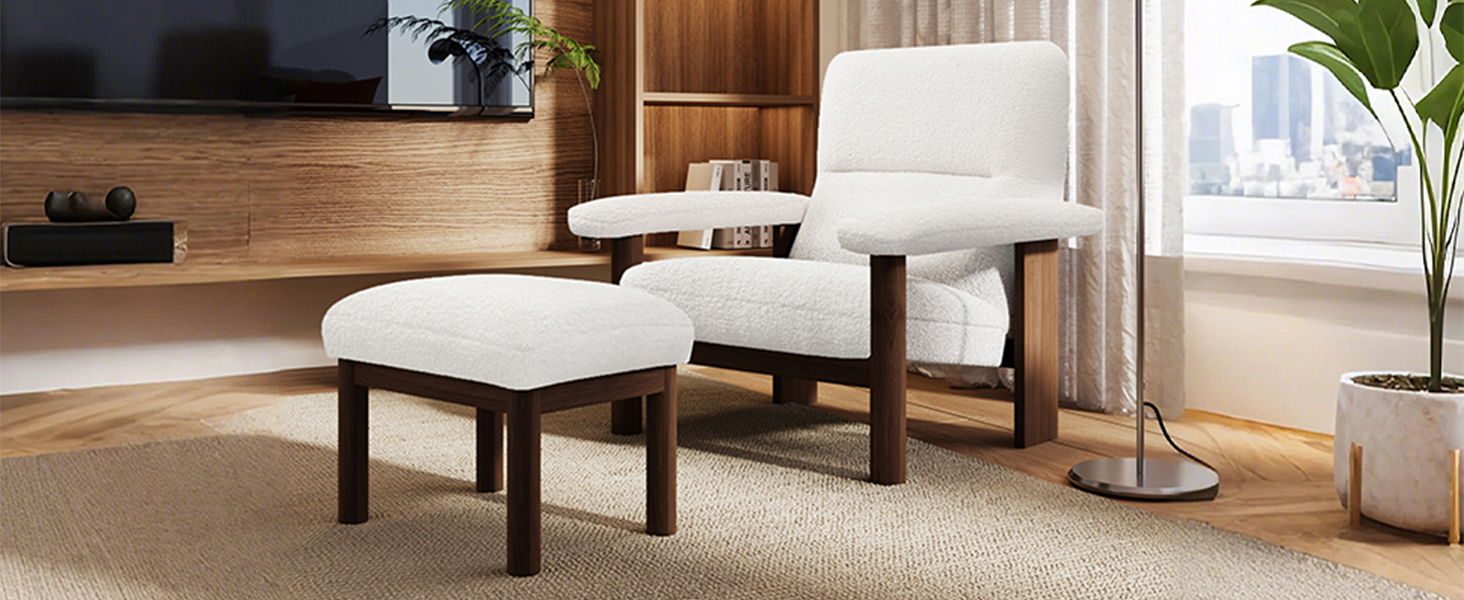Giga modern white accent lounge chair with matching ottoman, upholstered fabric armchair with wooden frame, perfect for living room decor.