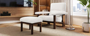 Giga modern white accent lounge chair with matching ottoman, upholstered fabric armchair with wooden frame, perfect for living room decor.