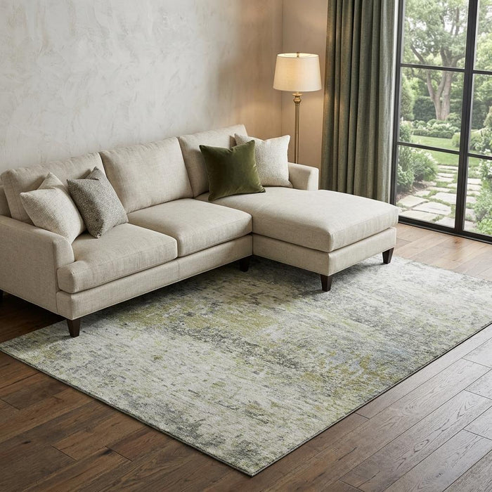10' X 14' Abstract Washable Area Rug With UV Protection (685409) - Artichoke Green / Gray / Silver