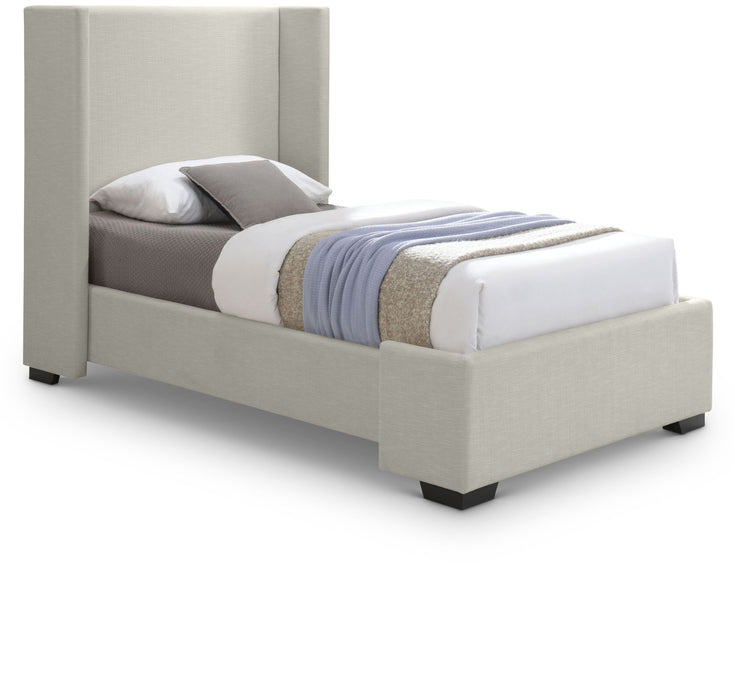 Upholstered Oxford bed by Meridian Furniture featuring a padded headboard and modern design in a cozy bedroom setting.