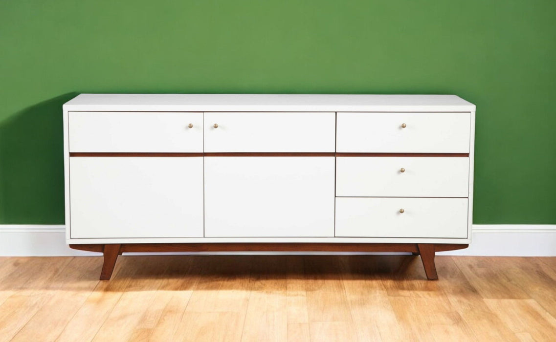 White mahogany solids and veneer TV stand with enclosed storage and open shelving, perfect for modern living rooms.