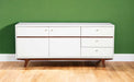 White mahogany solids and veneer TV stand with enclosed storage and open shelving, perfect for modern living rooms.
