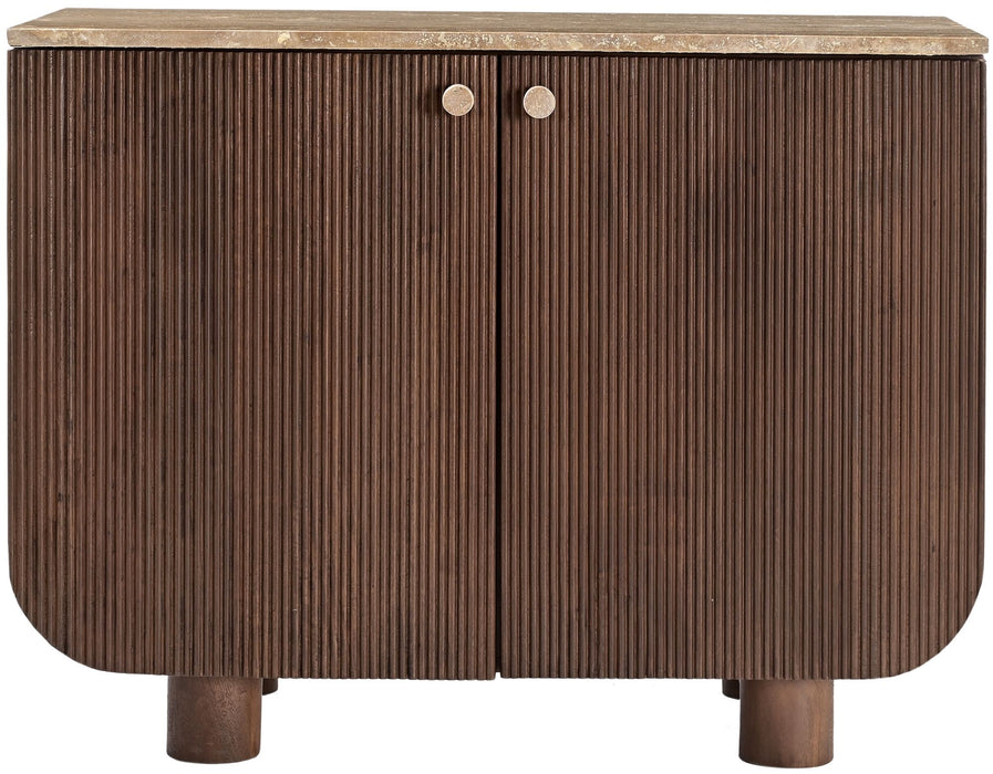 Mango wood sideboard by Meridian Furniture featuring a modern design with three drawers and cabinet storage.