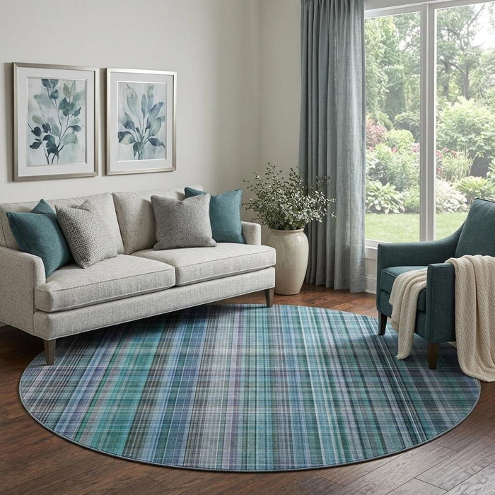 8' Plaid Washable Round Rug With UV Protection (648307) - Teal / Gray