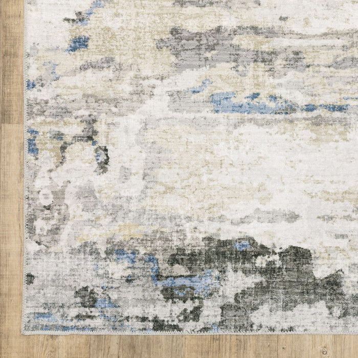 8' x 10' Abstract Printed Stain Resistant Non Skid Area Rug - Gray Blue Charcoal Ivory Yellow Beige And Tan