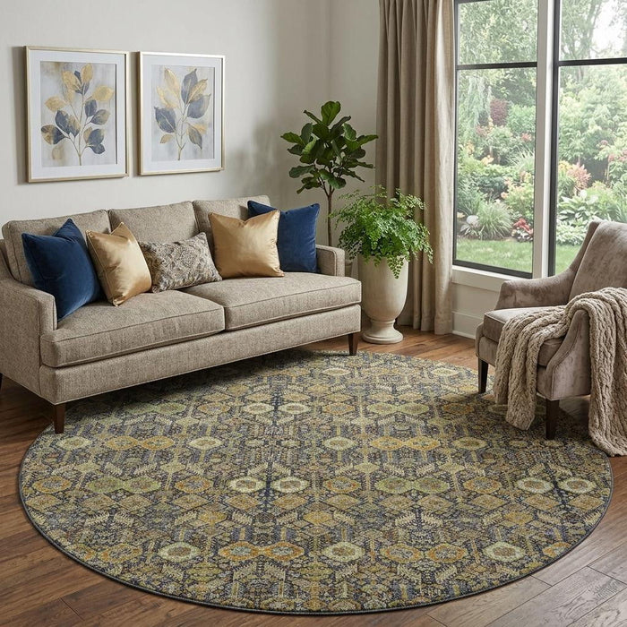 8' Tribal Washable Round Rug With UV Protection (649885) - Rust / Green / Gray