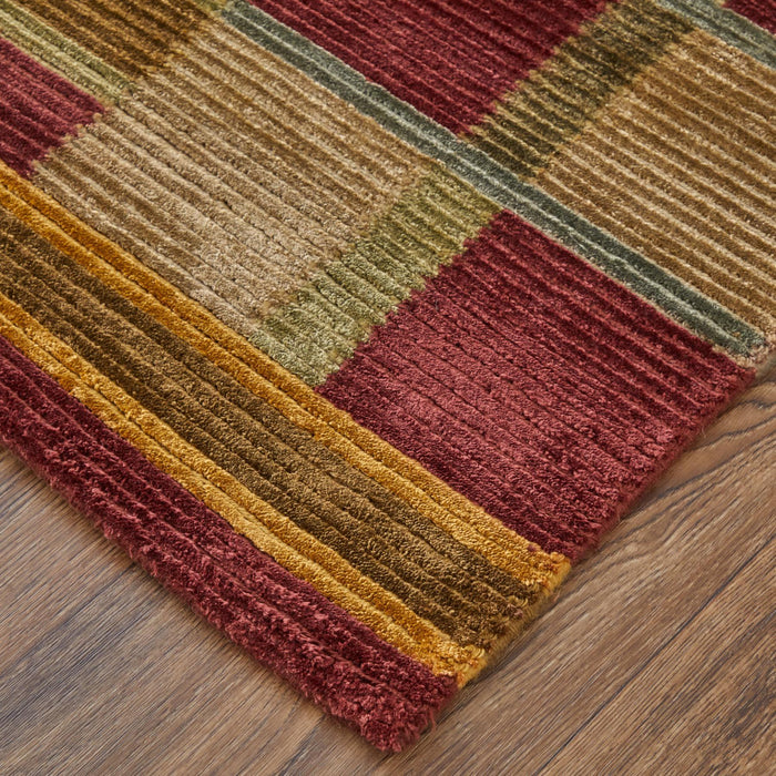 5' X 8' Striped Hand Knotted Area Rug (744174) - Gold / Green / Red