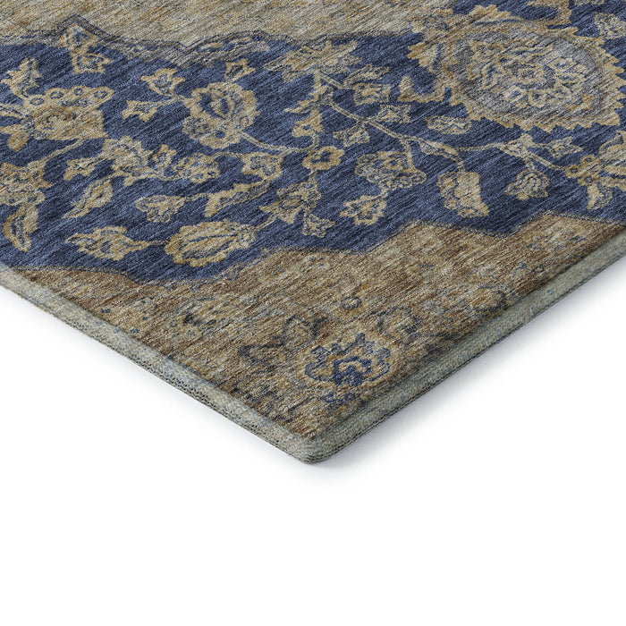 10' X 14' Floral Medallion Washable Area Rug With UV Protection (686909) - Navy Blue / Beige / Gray