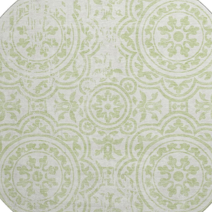 8' Medallion Washable Round Rug With UV Protection - Artichoke Green / Ivory