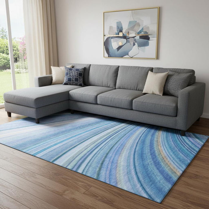 9' X 12' Abstract Washable Area Rug With UV Protection (650343) - Blue / Ivory / Gold