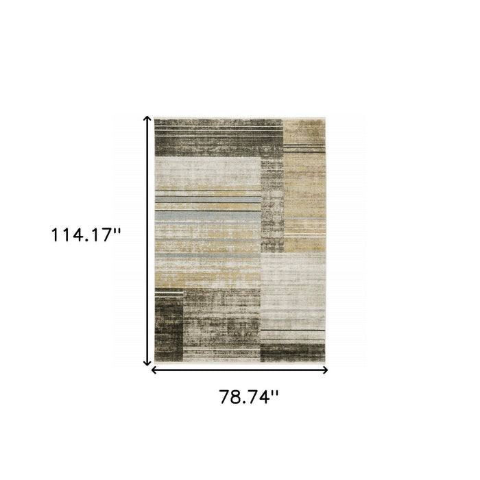 6' x 9' Geometric Power Loom Stain Resistant Area Rug With Fringe - Beige Charcoal Brown Gray Tan Gold And Blue