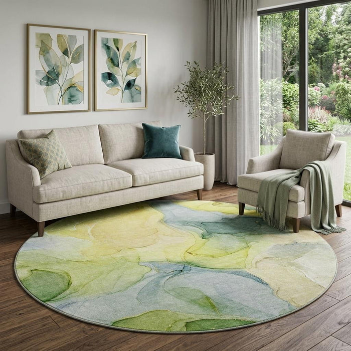 8' Abstract Washable Round Rug With UV Protection (646749) - Yellow / Blue / Beige