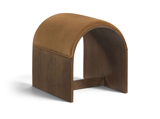 Meridian Furniture velvet upholstered bench in saddle color with tufted seat and wooden legs, ideal for living room or entryway.