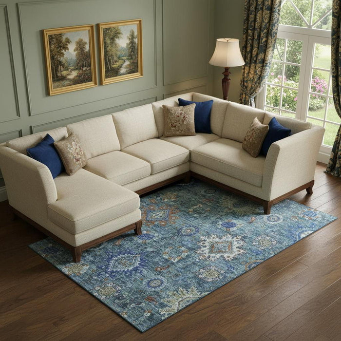 10' X 14' Oriental Washable Area Rug With UV Protection (708343) - Blue / Rust / Ivory