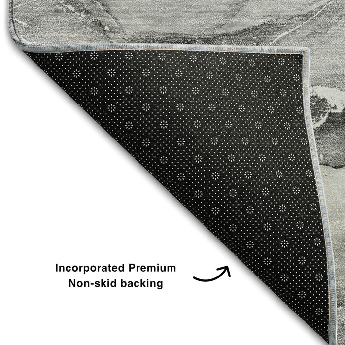 8' Abstract Washable Round Rug With UV Protection (647275) - Pewter / Ivory