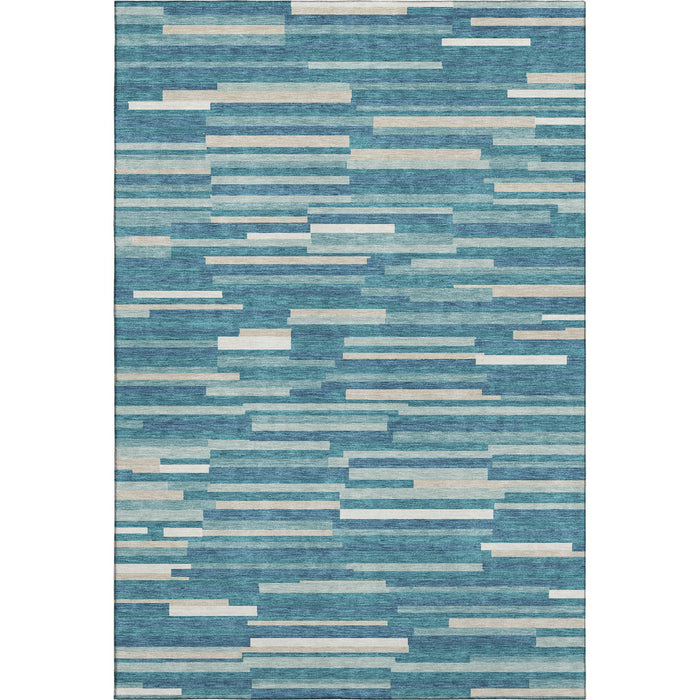 10' X 14' Striped Washable Area Rug With UV Protection (671114) - Teal / Ivory / Gray
